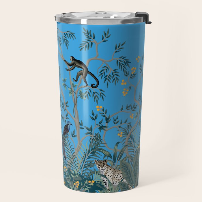 Chinoiserie Exotic Jungle Monkey Peacock Cobalt Blue Fresco Art Travel Mug Gallery Image 2