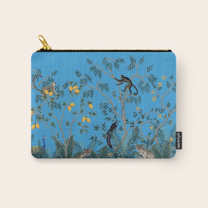Chinoiserie Exotic Jungle Monkey Peacock Cobalt Blue Fresco Art Carry All Pouch Gallery Image 1