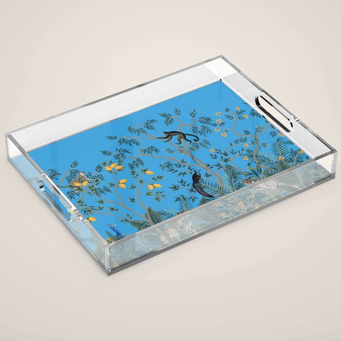 Chinoiserie Exotic Jungle Monkey Peacock Cobalt Blue Fresco Art Acrylic Tray Gallery Image 1