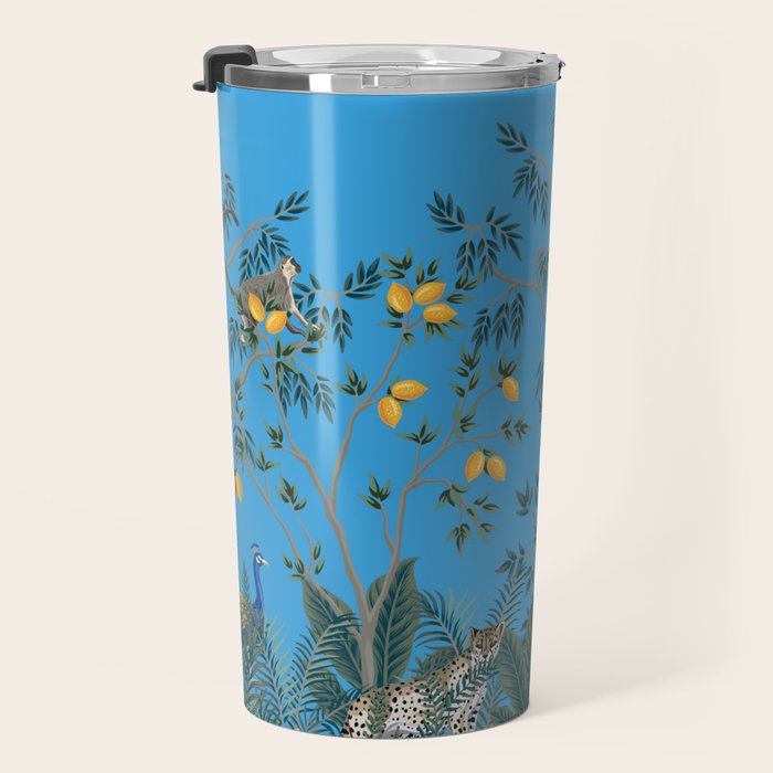 Chinoiserie Exotic Jungle Monkey Peacock Cobalt Blue Fresco Art Travel Mug Gallery Image 3