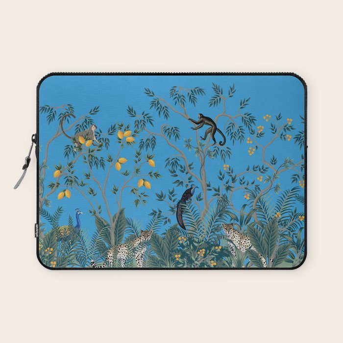 Chinoiserie Exotic Jungle Monkey Peacock Cobalt Blue Fresco Art Laptop Sleeve Gallery Image 1