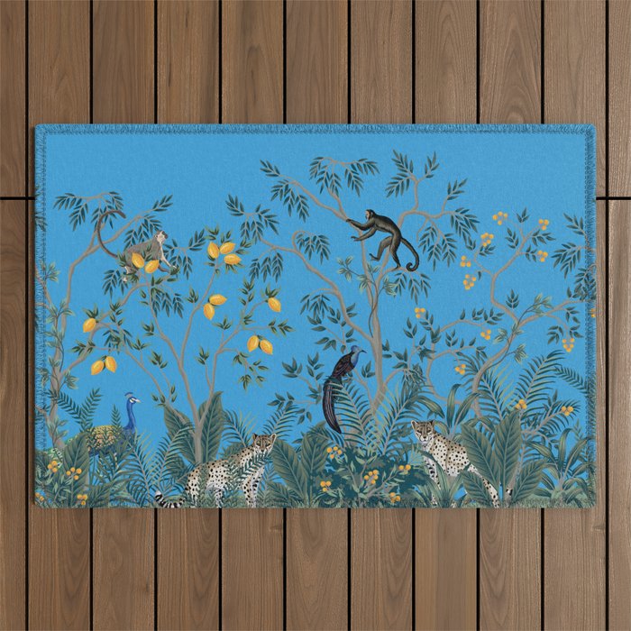 Chinoiserie Exotic Jungle Monkey Peacock Cobalt Blue Fresco Art Outdoor Rug Gallery Image 1