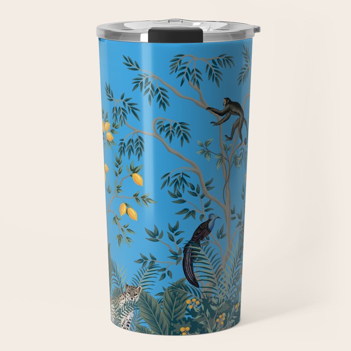 Chinoiserie Exotic Jungle Monkey Peacock Cobalt Blue Fresco Art Travel Mug Gallery Image 1
