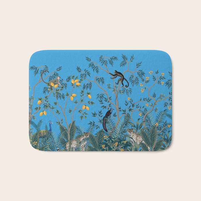 Chinoiserie Exotic Jungle Monkey Peacock Cobalt Blue Fresco Art Bath Mat Gallery Image 1