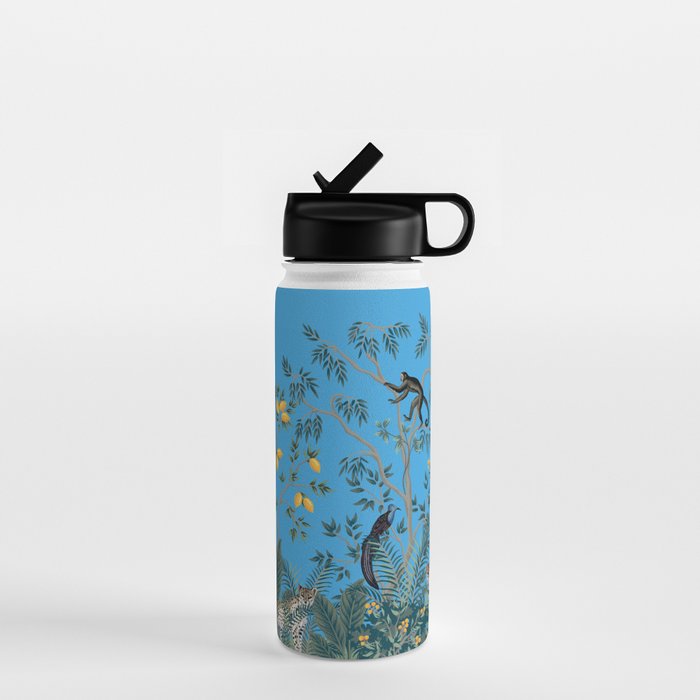 Chinoiserie Exotic Jungle Monkey Peacock Cobalt Blue Fresco Art Water Bottle Gallery Image 1