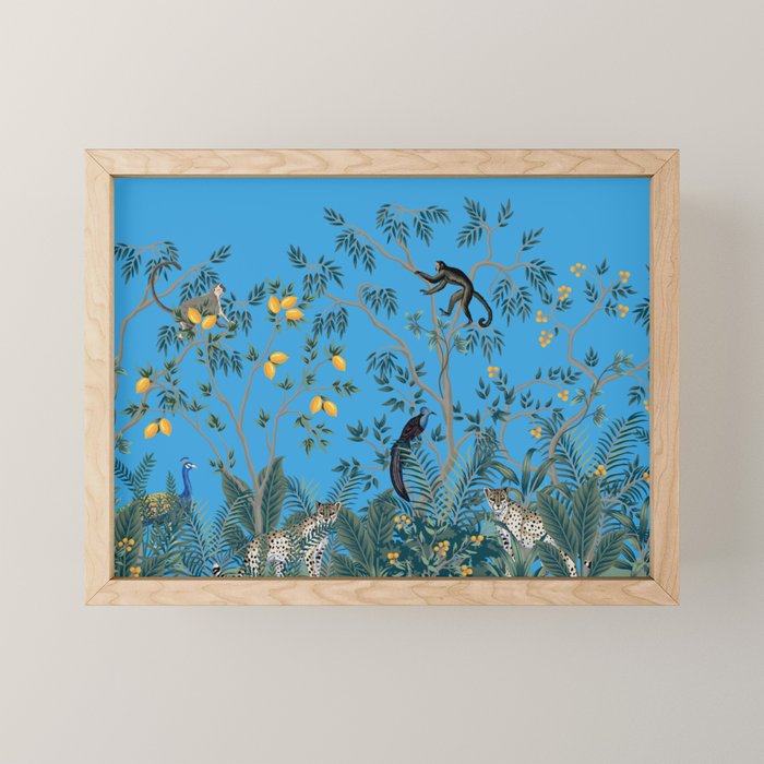 Chinoiserie Exotic Jungle Monkey Peacock Cobalt Blue Fresco Art Mini Art Print Gallery Image 1