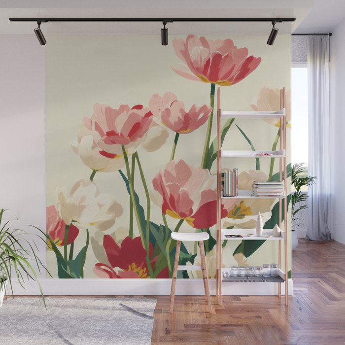 Coral Tulips in Bloom Wall Mural Gallery Image 1