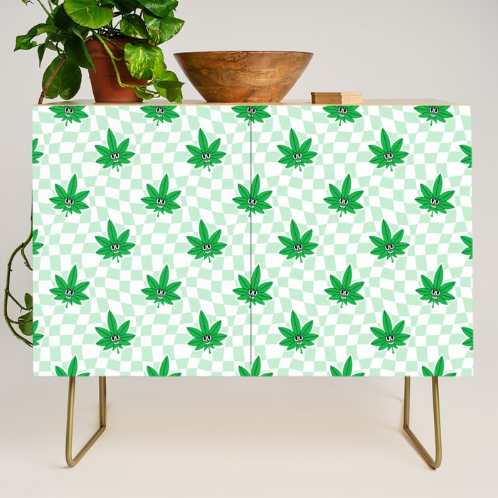 Funny retro weed leaf cartoon sticker pattern Credenza Gallery Image 1