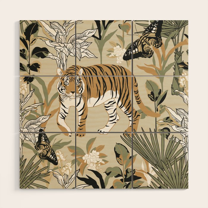 animalistic seamless pattern with tigers in the jungle Wood Wall Art Gallery Image 1