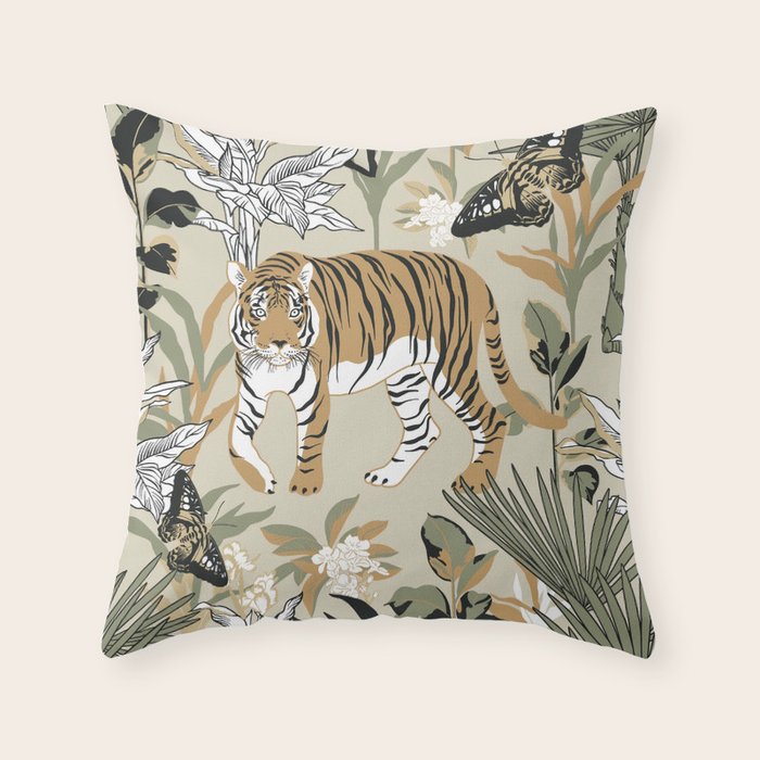 animalistic seamless pattern with tigers in the jungle Throw Pillow Gallery Image 6