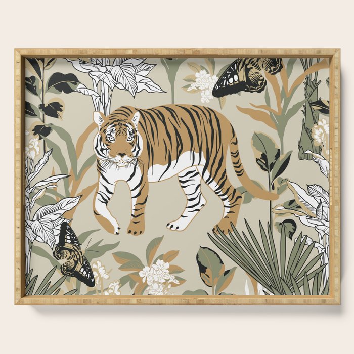 animalistic seamless pattern with tigers in the jungle Serving Tray Gallery Image 1