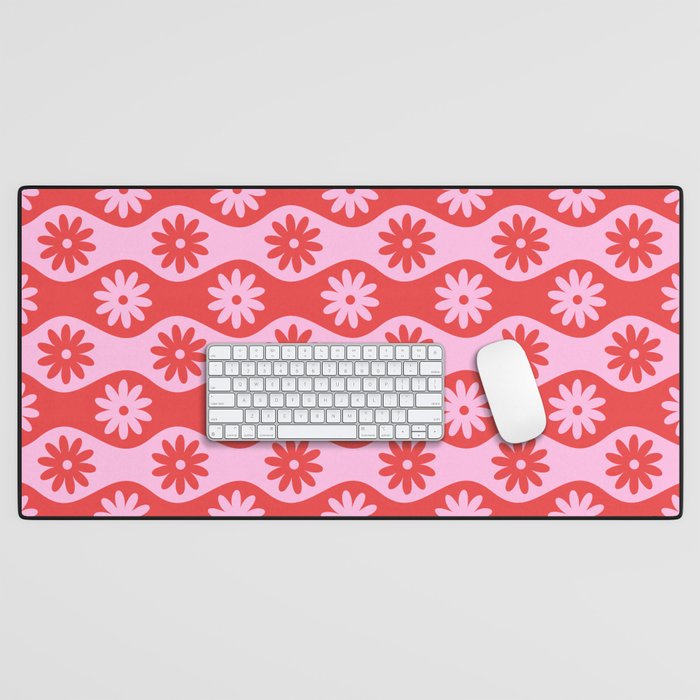 Retro Wavy Stripes with Flowers in Pink & Red Desk Mat Gallery Image 1