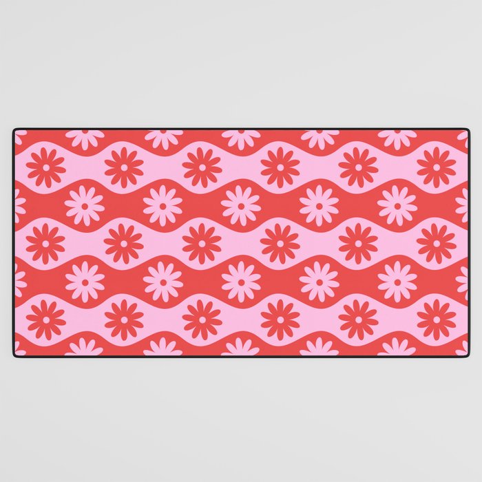 Retro Wavy Stripes with Flowers in Pink & Red Desk Mat Gallery Image 3