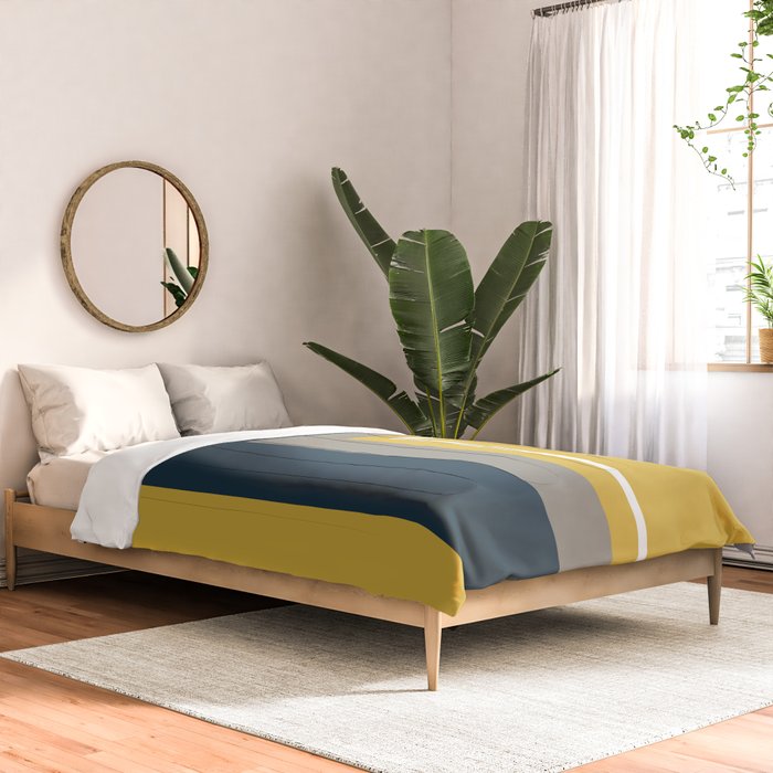 Half Frame Minimalist Pattern 3 in Deep Mustard Yellow, Navy Blue, Grey, and White. Comforter Gallery Image 2