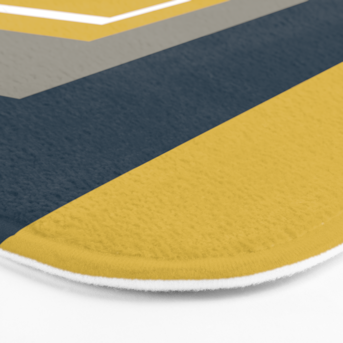 Half Frame Minimalist Pattern 3 in Deep Mustard Yellow, Navy Blue, Grey, and White. Bath Mat Gallery Image 3