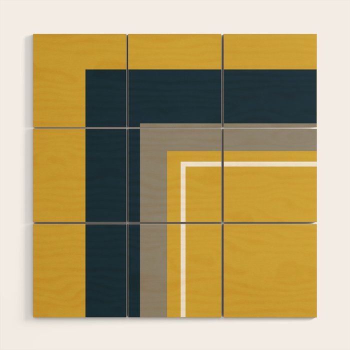 Half Frame Minimalist Pattern 3 in Deep Mustard Yellow, Navy Blue, Grey, and White. Wood Wall Art Gallery Image 1