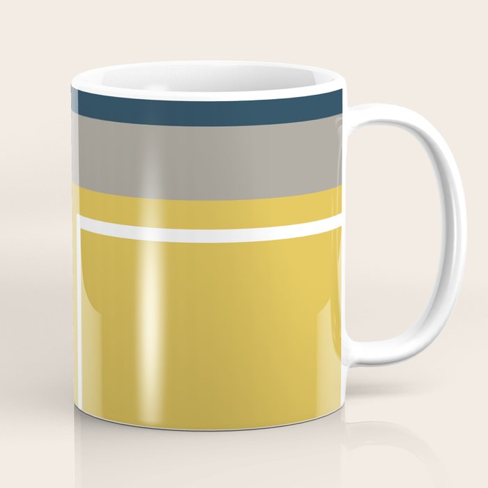 Half Frame Minimalist Pattern 3 in Deep Mustard Yellow, Navy Blue, Grey, and White. Coffee Mug Gallery Image 1