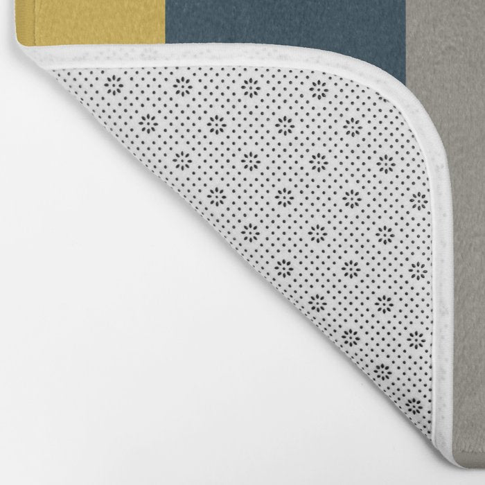 Half Frame Minimalist Pattern 3 in Deep Mustard Yellow, Navy Blue, Grey, and White. Bath Mat Gallery Image 2