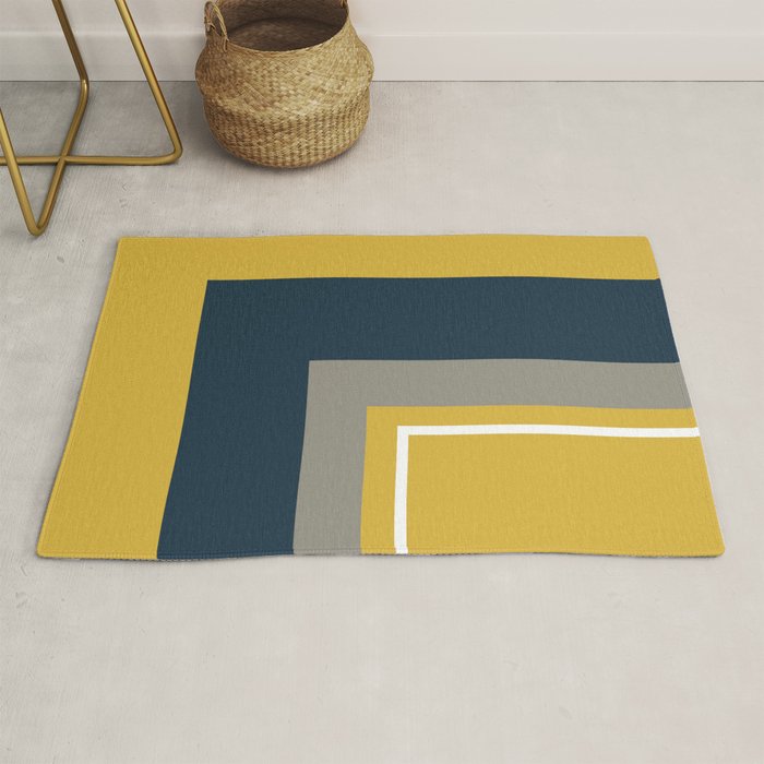 Half Frame Minimalist Pattern 3 in Deep Mustard Yellow, Navy Blue, Grey, and White. Rug Gallery Image 1