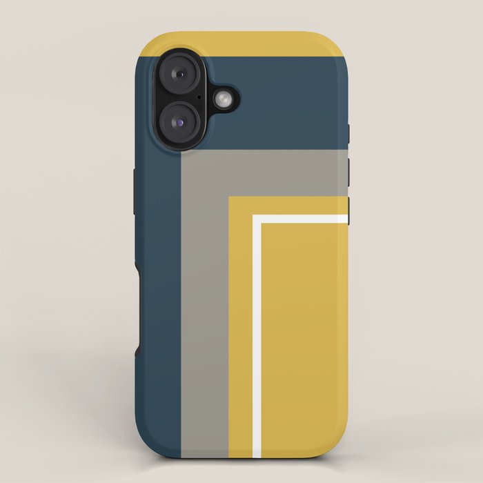 Half Frame Minimalist Pattern 3 in Deep Mustard Yellow, Navy Blue, Grey, and White. iPhone Case Gallery Image 1