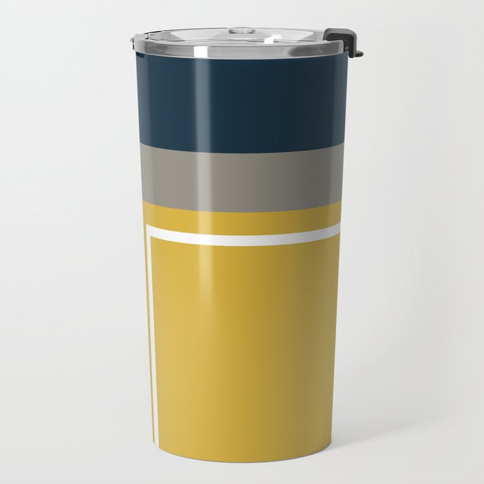 Half Frame Minimalist Pattern 3 in Deep Mustard Yellow, Navy Blue, Grey, and White. Travel Mug Gallery Image 2