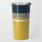 Half Frame Minimalist Pattern 3 in Deep Mustard Yellow, Navy Blue, Grey, and White. Travel Mug Gallery Image 2