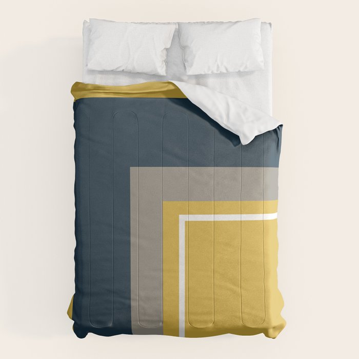 Half Frame Minimalist Pattern 3 in Deep Mustard Yellow, Navy Blue, Grey, and White. Comforter Gallery Image 6
