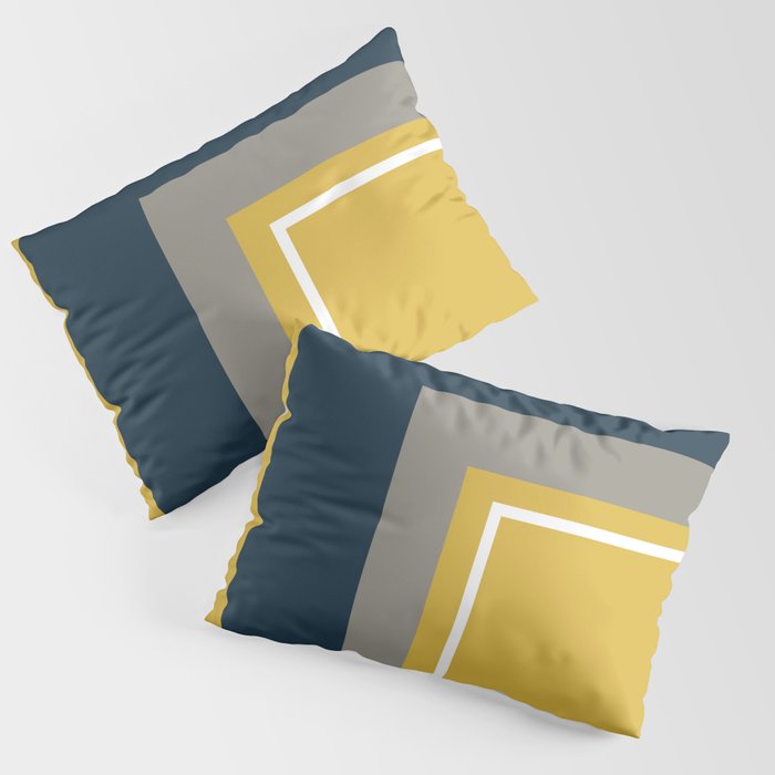 Half Frame Minimalist Pattern 3 in Deep Mustard Yellow, Navy Blue, Grey, and White. Pillow Sham Gallery Image 3