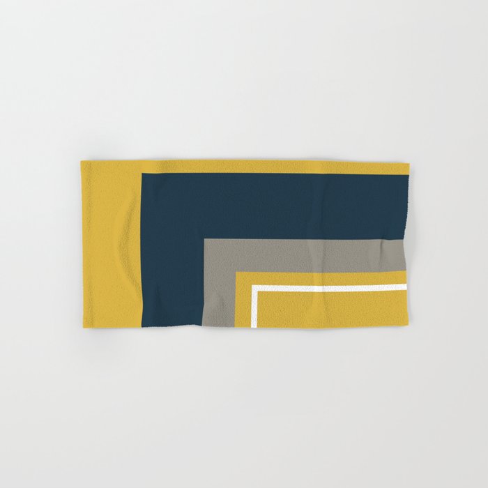 Half Frame Minimalist Pattern 3 in Deep Mustard Yellow, Navy Blue, Grey, and White. Bath Towel Gallery Image 1