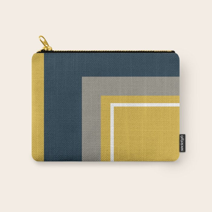 Half Frame Minimalist Pattern 3 in Deep Mustard Yellow, Navy Blue, Grey, and White. Carry All Pouch Gallery Image 1