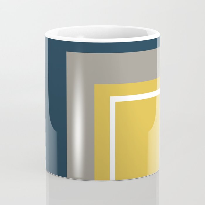 Half Frame Minimalist Pattern 3 in Deep Mustard Yellow, Navy Blue, Grey, and White. Coffee Mug Gallery Image 4