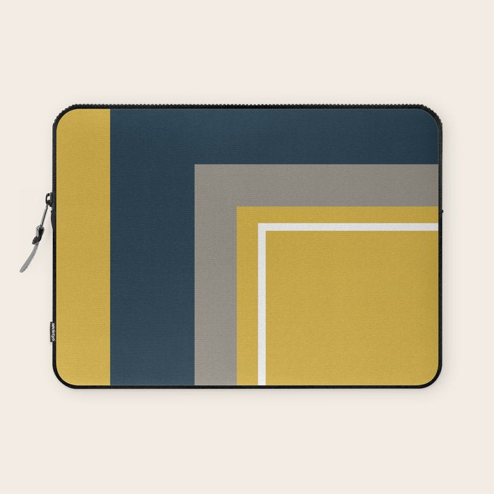 Half Frame Minimalist Pattern 3 in Deep Mustard Yellow, Navy Blue, Grey, and White. Laptop Sleeve Gallery Image 1