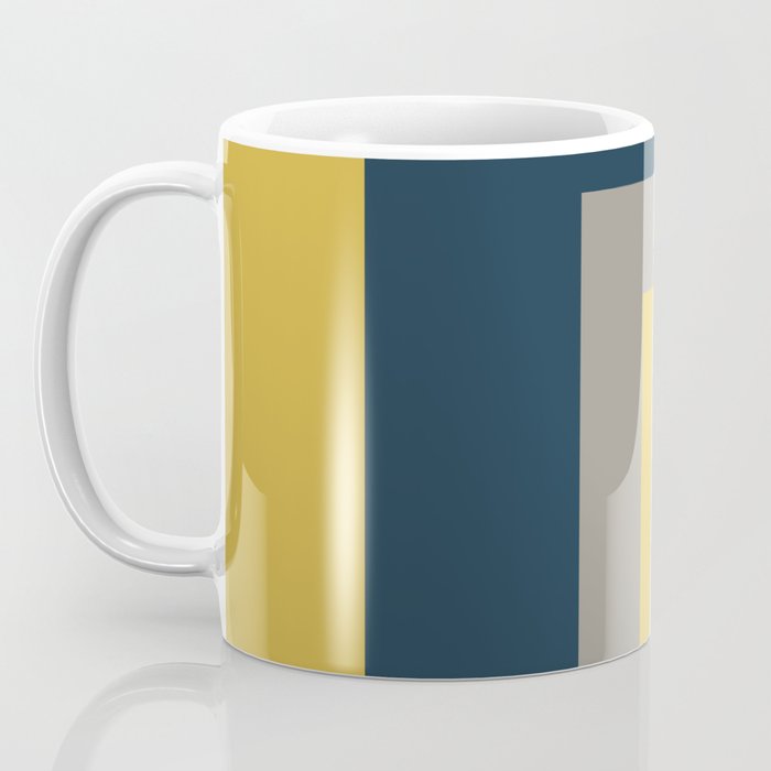 Half Frame Minimalist Pattern 3 in Deep Mustard Yellow, Navy Blue, Grey, and White. Coffee Mug Gallery Image 3