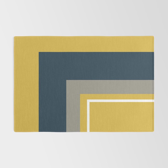 Half Frame Minimalist Pattern 3 in Deep Mustard Yellow, Navy Blue, Grey, and White. Rug Gallery Image 2