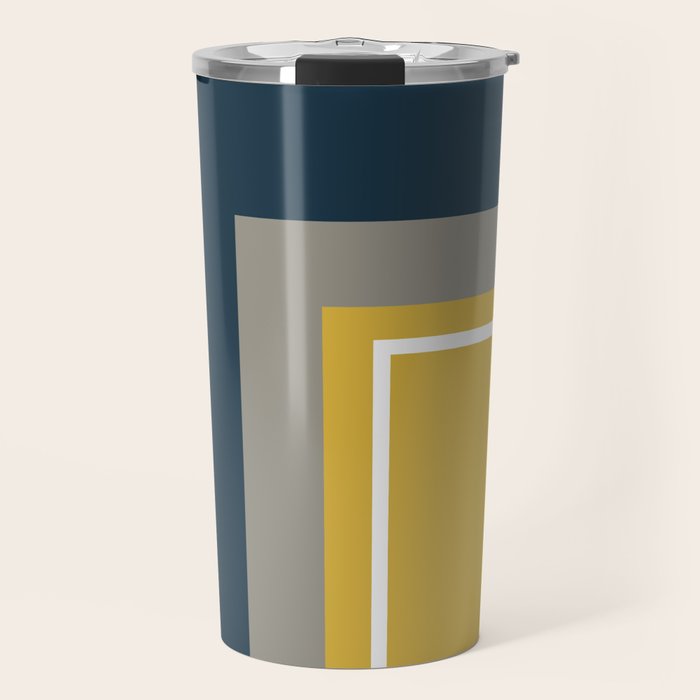 Half Frame Minimalist Pattern 3 in Deep Mustard Yellow, Navy Blue, Grey, and White. Travel Mug Gallery Image 1