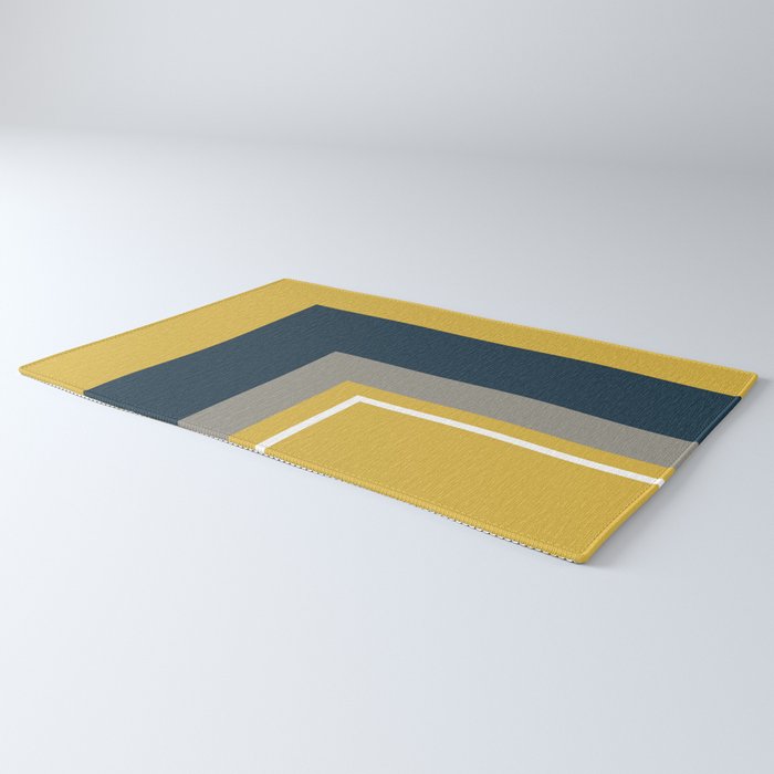 Half Frame Minimalist Pattern 3 in Deep Mustard Yellow, Navy Blue, Grey, and White. Rug Gallery Image 3