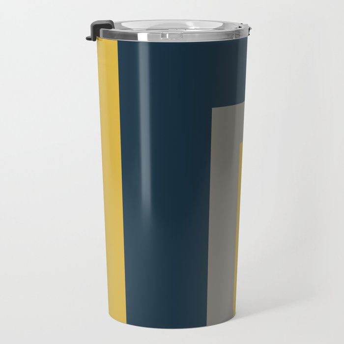 Half Frame Minimalist Pattern 3 in Deep Mustard Yellow, Navy Blue, Grey, and White. Travel Mug Gallery Image 3