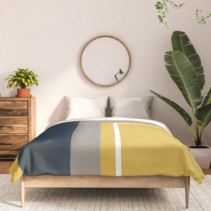 Half Frame Minimalist Pattern 3 in Deep Mustard Yellow, Navy Blue, Grey, and White. Comforter Gallery Image 3