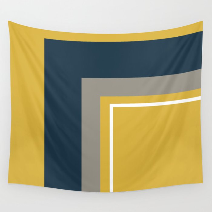 Half Frame Minimalist Pattern 3 in Deep Mustard Yellow, Navy Blue, Grey, and White. Wall Tapestry Gallery Image 4