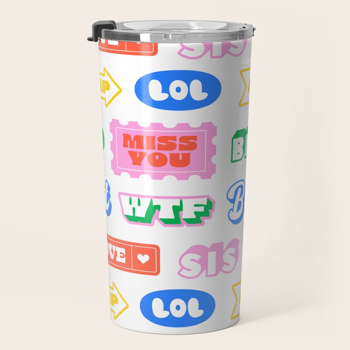 Retro funny sticker quote label pattern Travel Mug Gallery Image 3