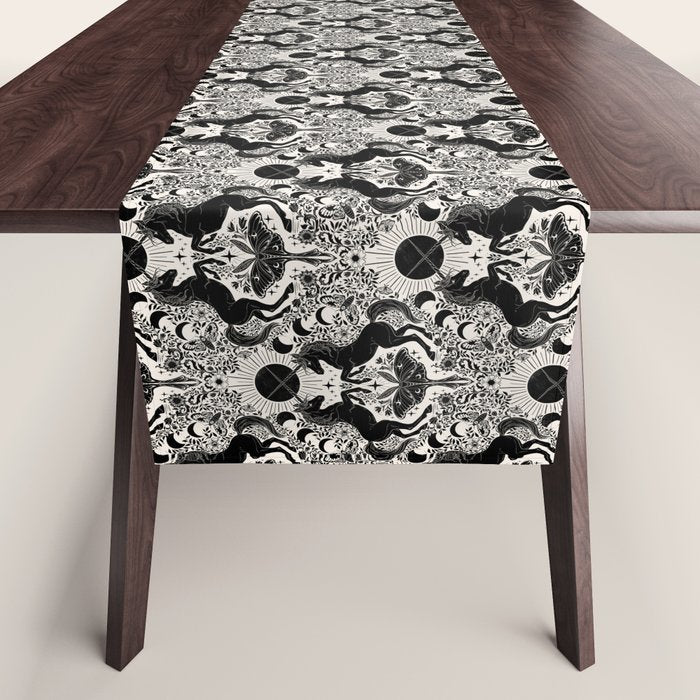 Celestial Unicorn Damask Cream & Black Table Runner Gallery Image 1