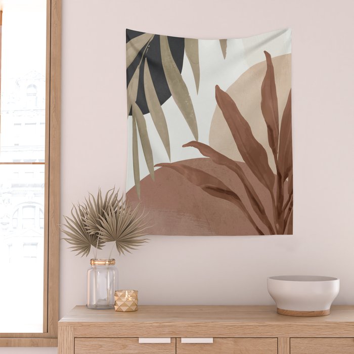 Abstract Art Tropical Leaves 4 Mocha Mousse Wall Tapestry Gallery Image 2