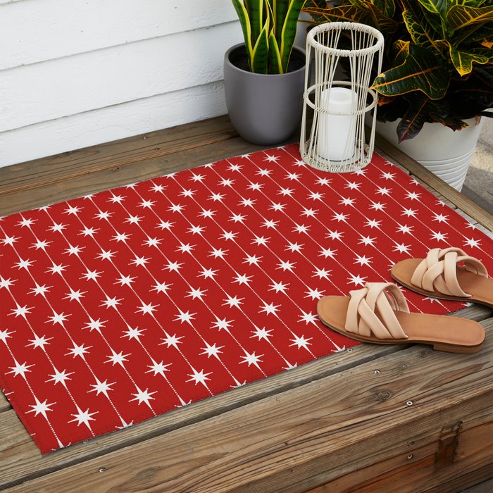 Midcentury Stars and Dots Pattern in Red and White Outdoor Rug Gallery Image 2