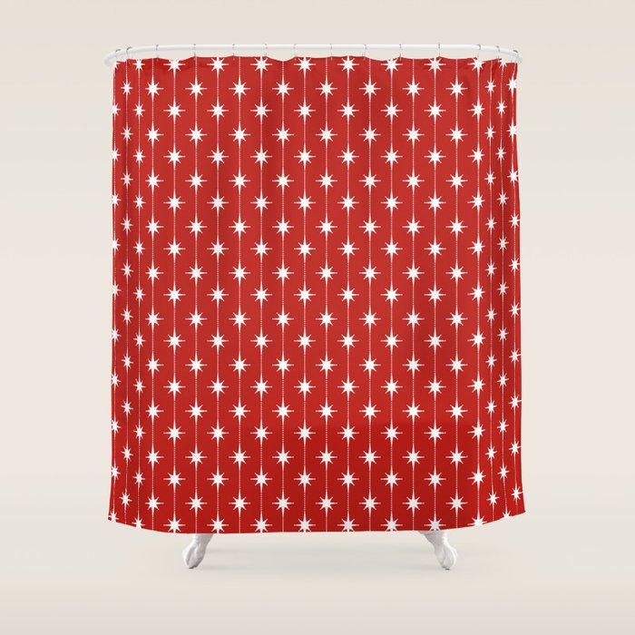Midcentury Stars and Dots Pattern in Red and White Shower Curtain Gallery Image 1