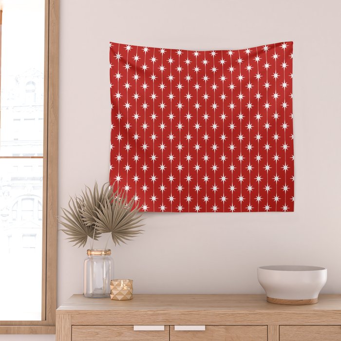 Midcentury Stars and Dots Pattern in Red and White Wall Tapestry Gallery Image 2