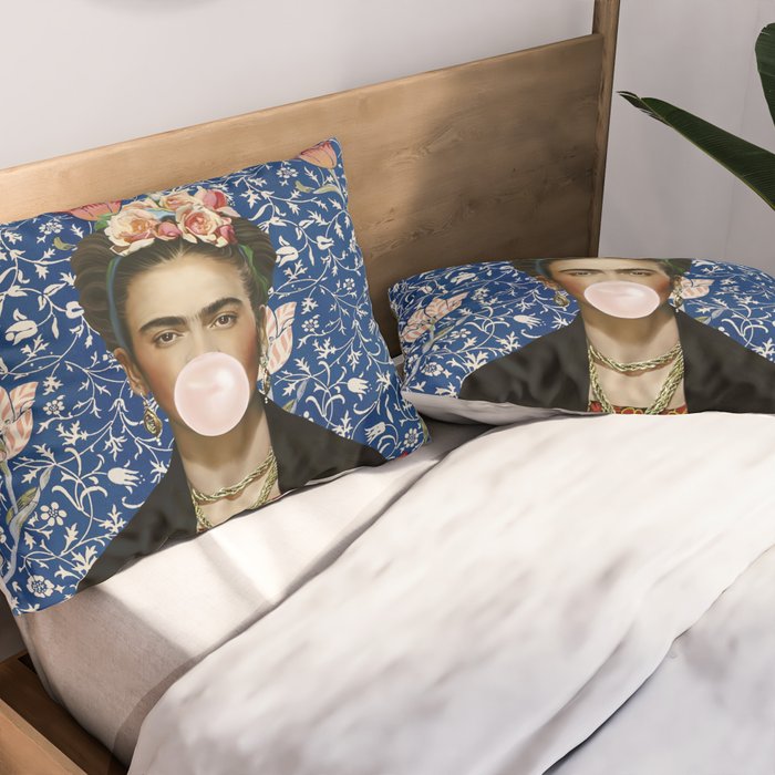 Woman  Blowing a pink Bubble gum with vintage Medway tapestry Pillow Sham Gallery Image 2