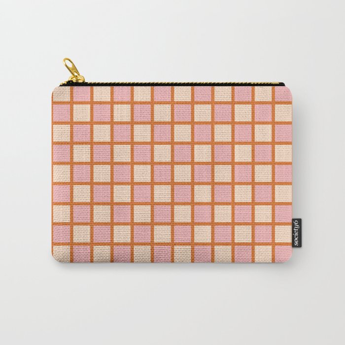 Retro Check Thick Grid Pattern in Pink Orange Cream Carry All Pouch Gallery Image 1