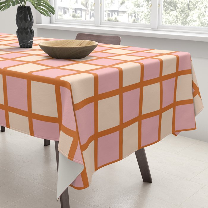 Retro Check Thick Grid Pattern in Pink Orange Cream Tablecloth Gallery Image 3