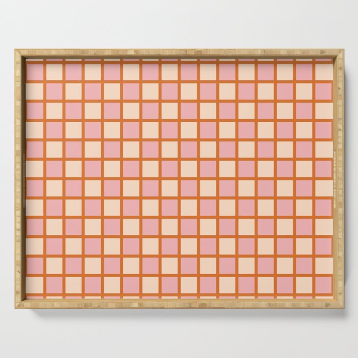 Retro Check Thick Grid Pattern in Pink Orange Cream Serving Tray Gallery Image 1