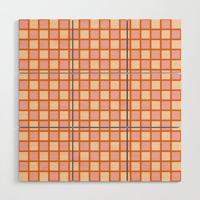 Retro Check Thick Grid Pattern in Pink Orange Cream Wood Wall Art Gallery Image 1